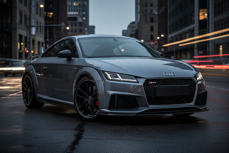Audi TTRS on a city street with buildings behind it. 