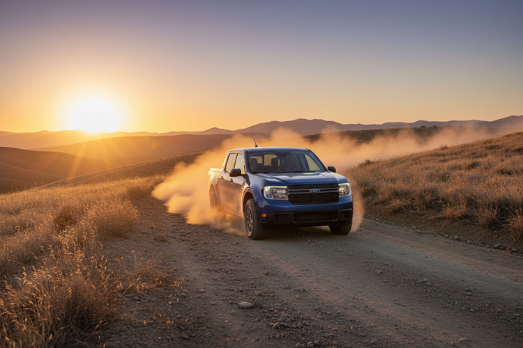 Ford Maverick on a dirt road with a sunset behind it