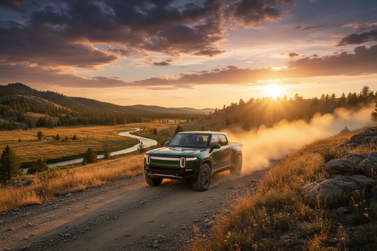 Rivian on a dirt road