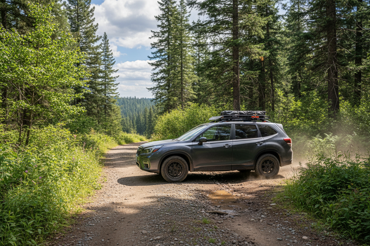 Subaru Forester in gray with a tree mountain background.