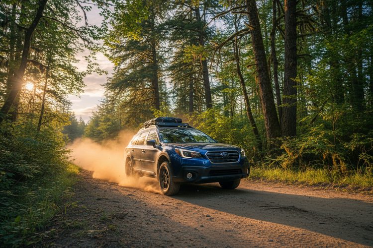 Subaru outback in blue on a trail with trees behind it.
