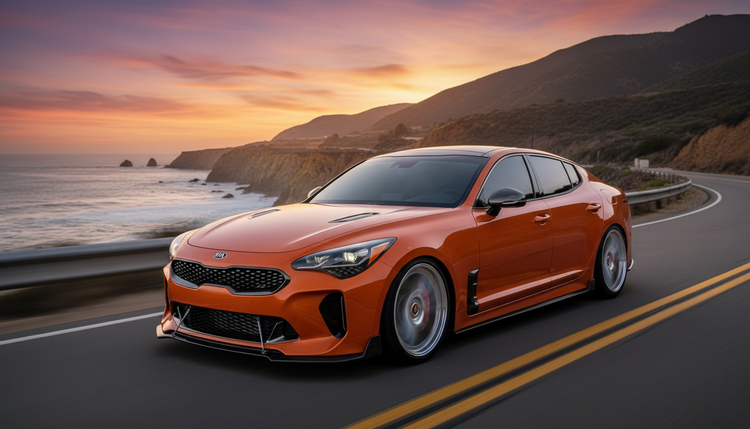 Orange Kia Stinger car on a coastal road with a sunset in the background
